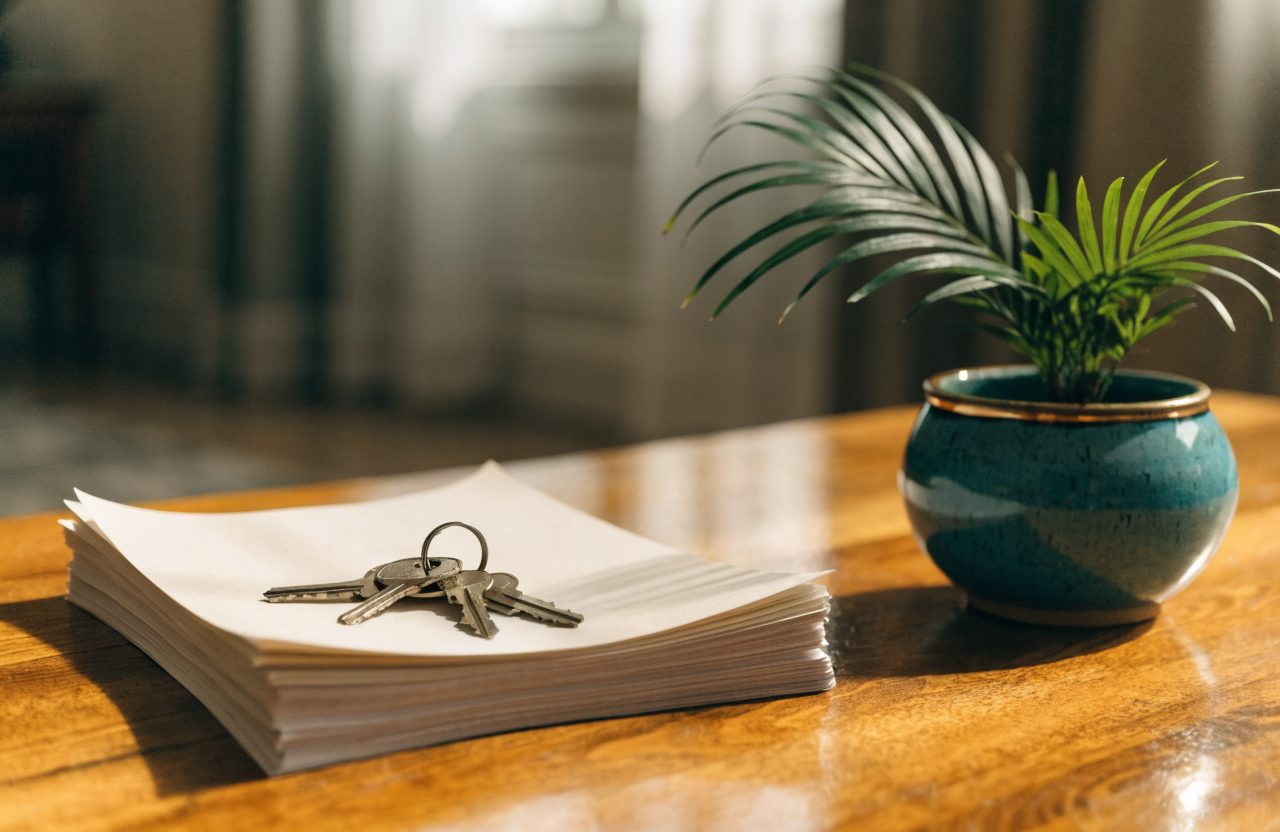 House keys resting on closing documents beside a small palm